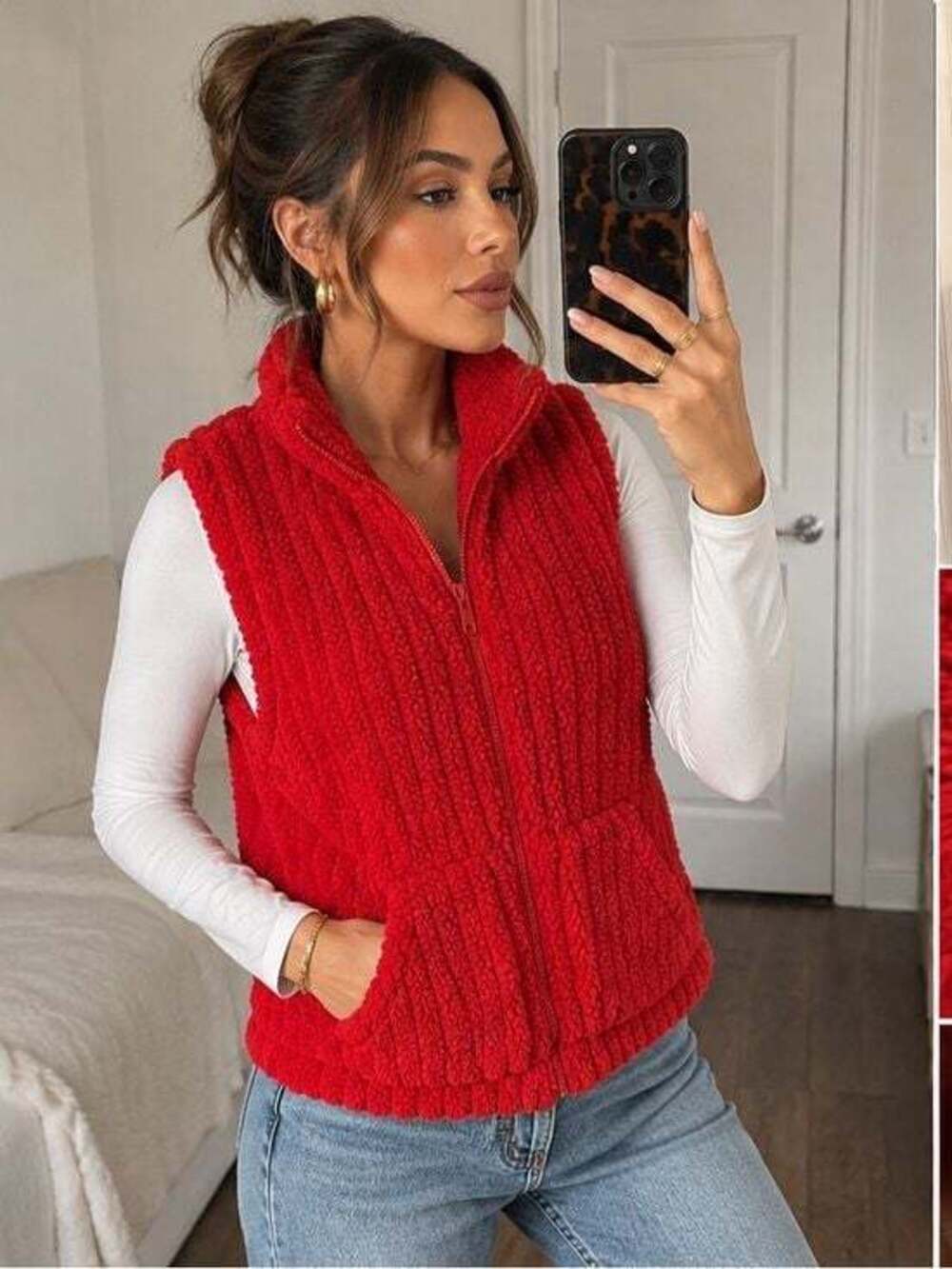 Red Plush Zip-Front Women's Sweater Vest